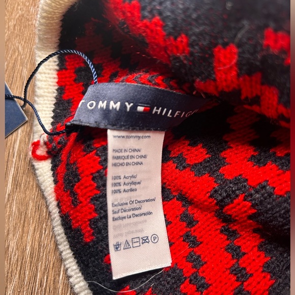 Tommy Hilfiger Womens Pom Pom Striped Knit Beanie OSFM Navy Winter White Black - Picture 3 of 3